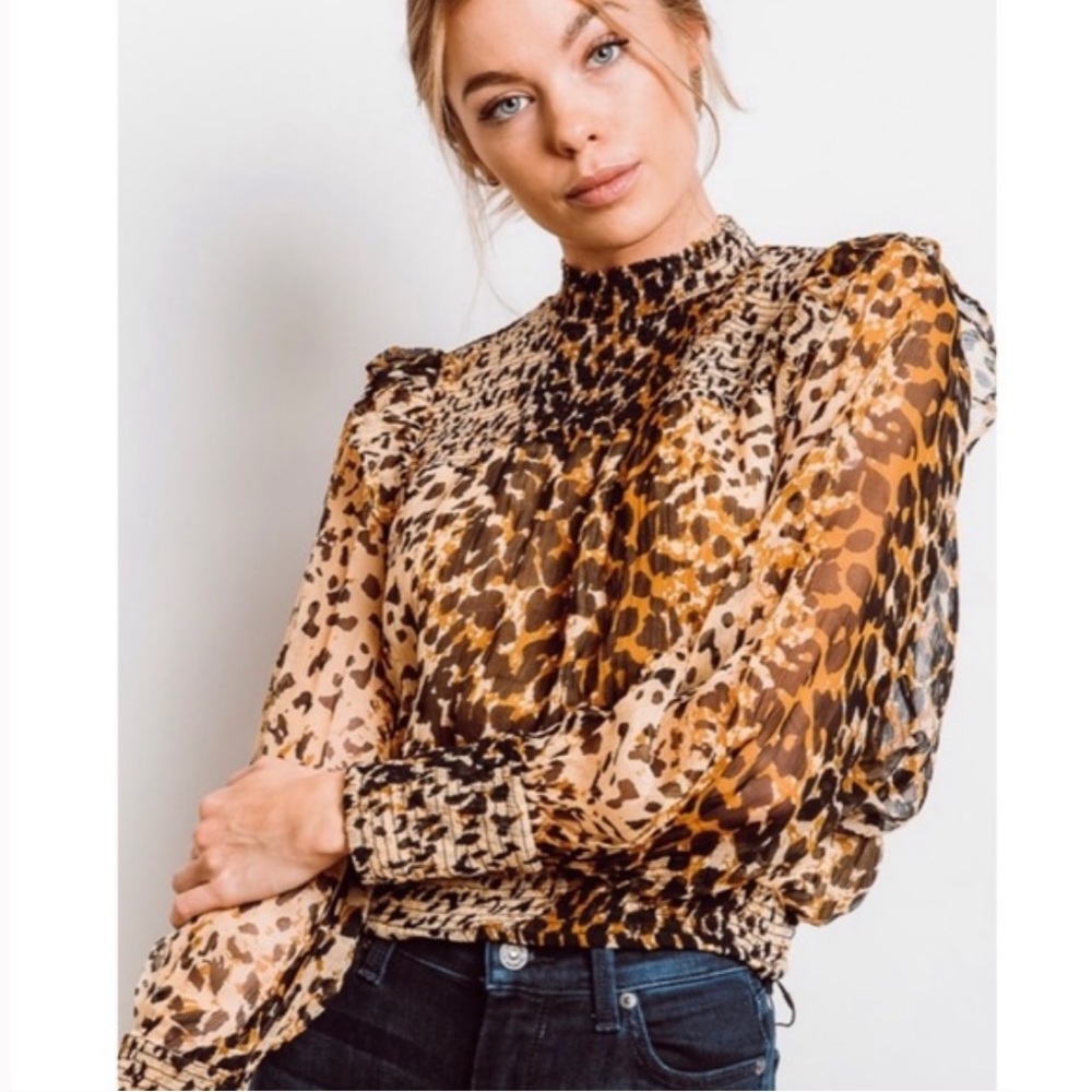 Free People Roma Animal Print Smocked Blouse